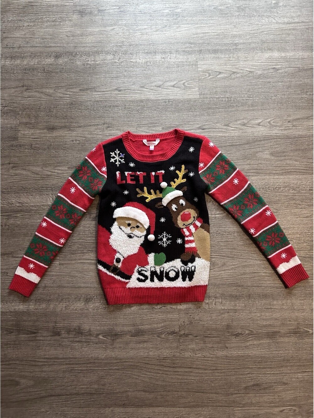 No Boundaries Womens S Red/Black Ugly Sweater Let It Snow Santa & Reindeer